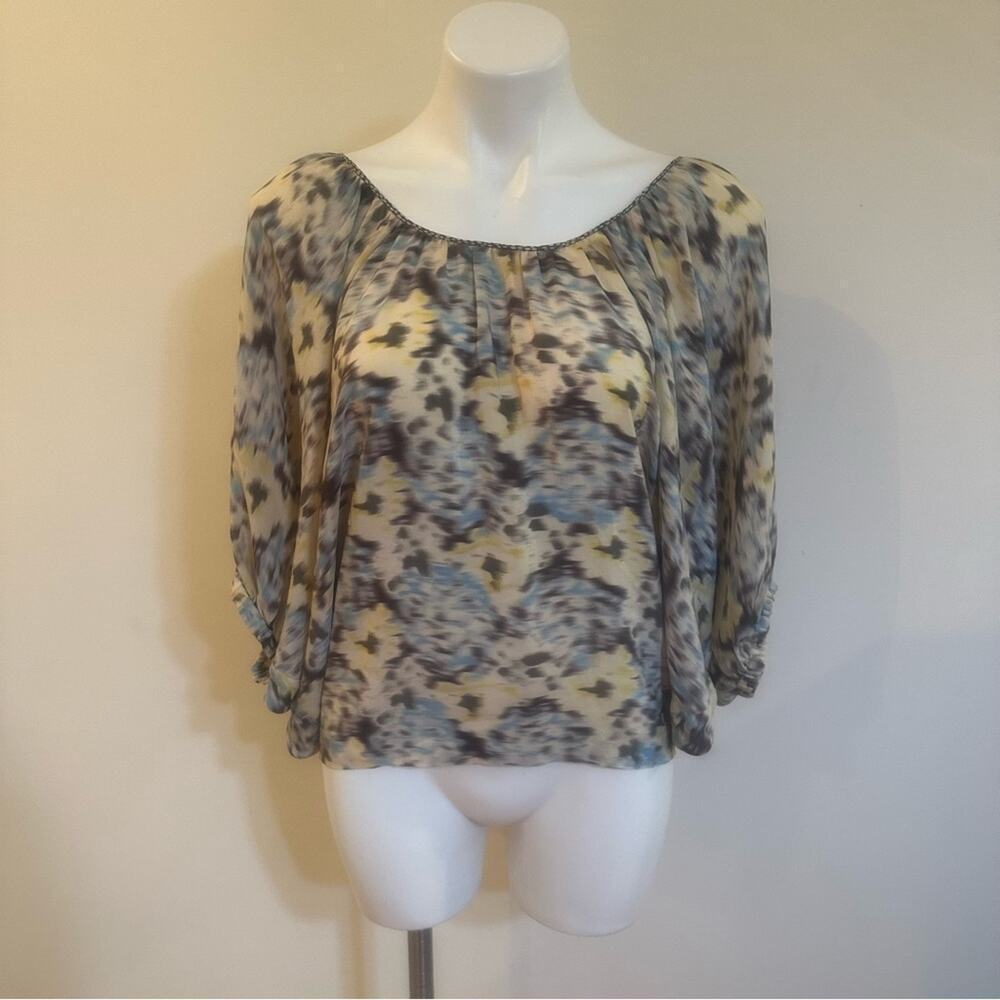 Rebecca Taylor Silk Popover Peasant Top sz 4 Multicolor Floral Abstract Print